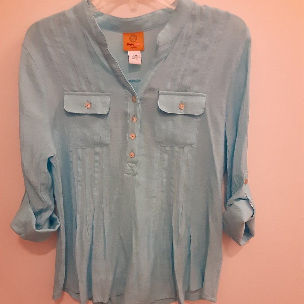 Ruby Rd. (PM) Blue Blouse w/3 Button V Neck, 2 Pockets & Adjustable Sleeves